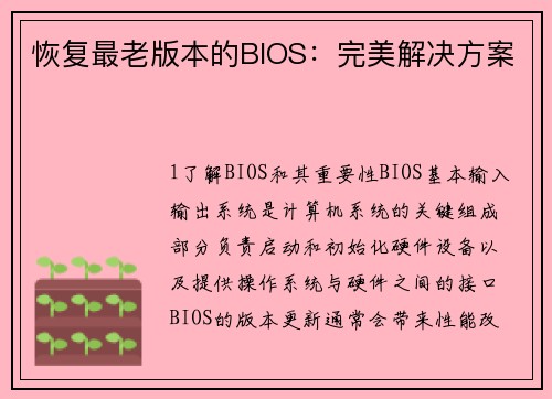 恢复最老版本的BIOS：完美解决方案