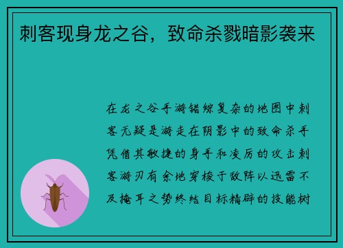 刺客现身龙之谷，致命杀戮暗影袭来