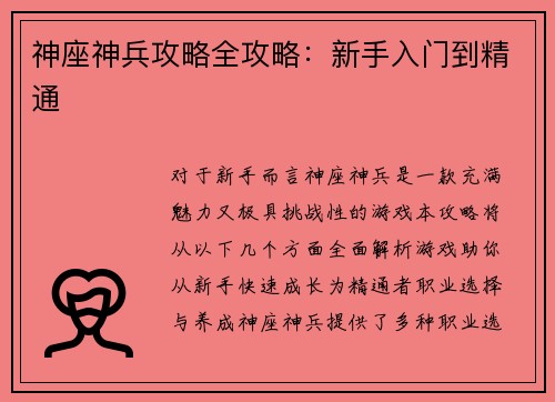 神座神兵攻略全攻略：新手入门到精通